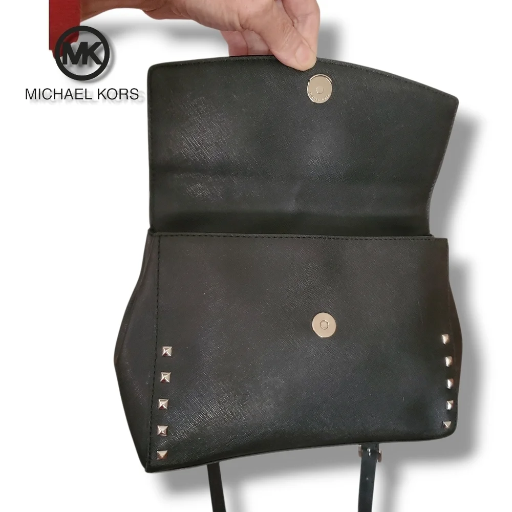 Michael KORS Black Saffiano Leather Top Handle Silver Studded Crossbody Satchel - Picture 10 of 17